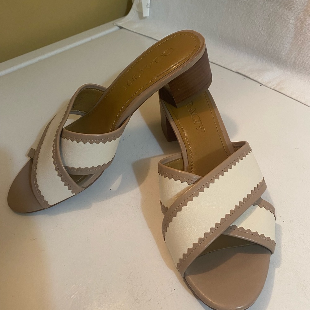 Coach Two-Tone Cream and Taupe Leather Block Heel Mules - Picture 3 of 5